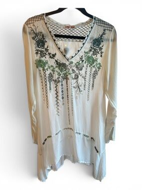 Johnny Was Ivory Floral Embroidered V-Neck Tunic M Boho Summer